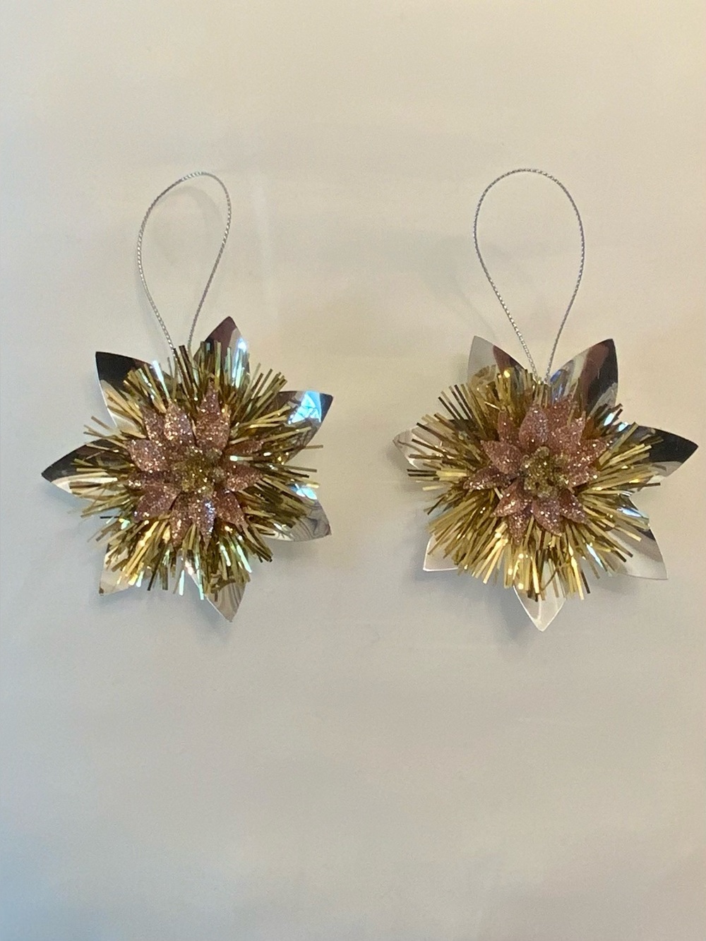 Vintage Inspired Gold and Pink Sparkle Star Hanging Ornaments - Pack of 2